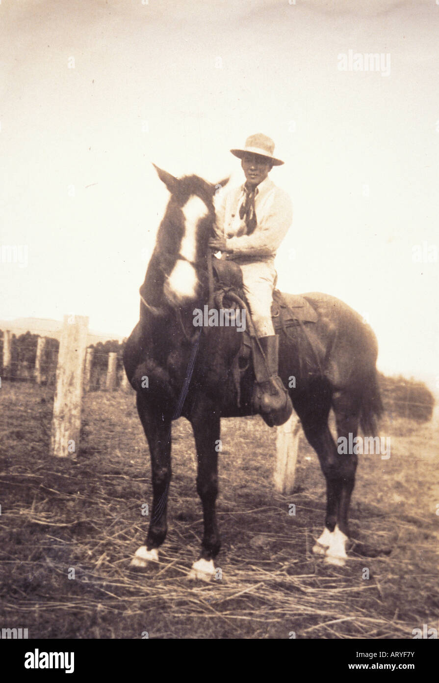 Archival photograph of Yutaka Kimura, the ìWaimea Cowboy,î on horseback Stock Photo