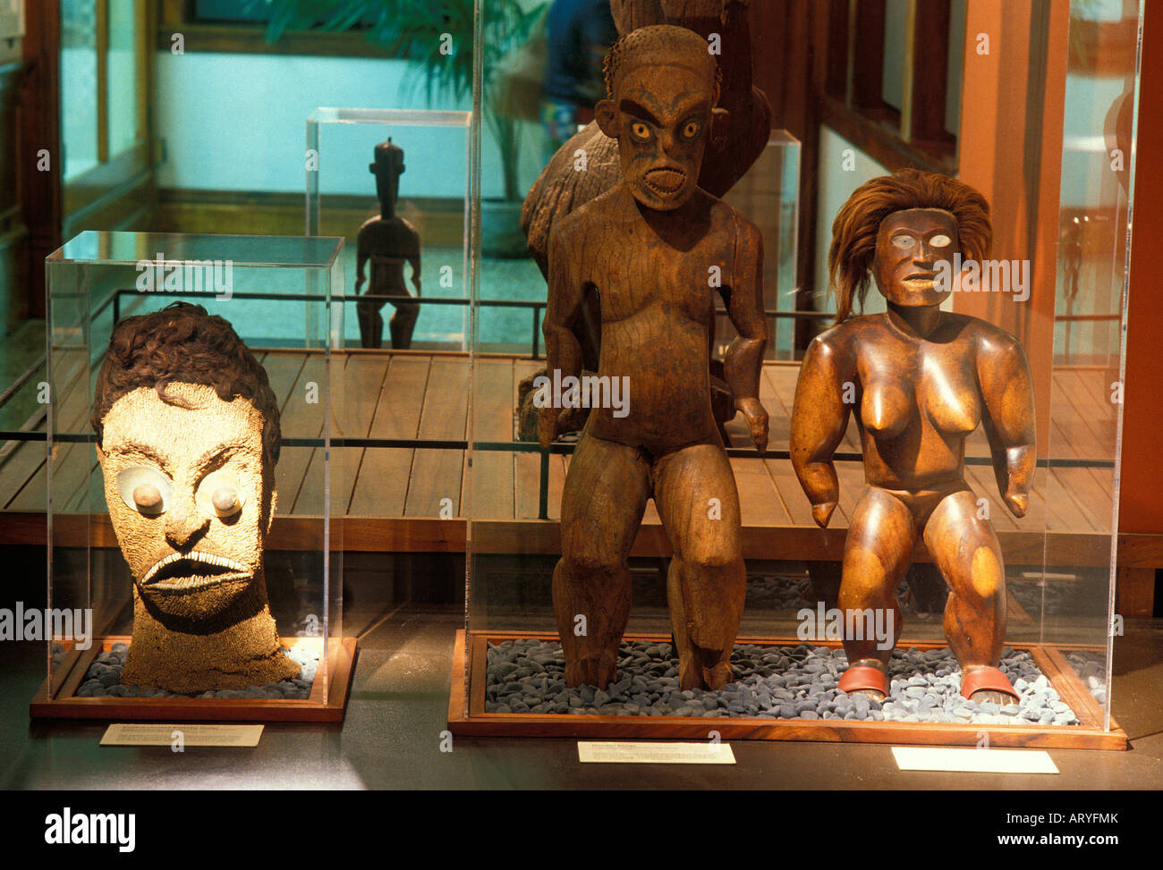 Tiki figures on display at Bishop Museum, Honolulu Stock Photo