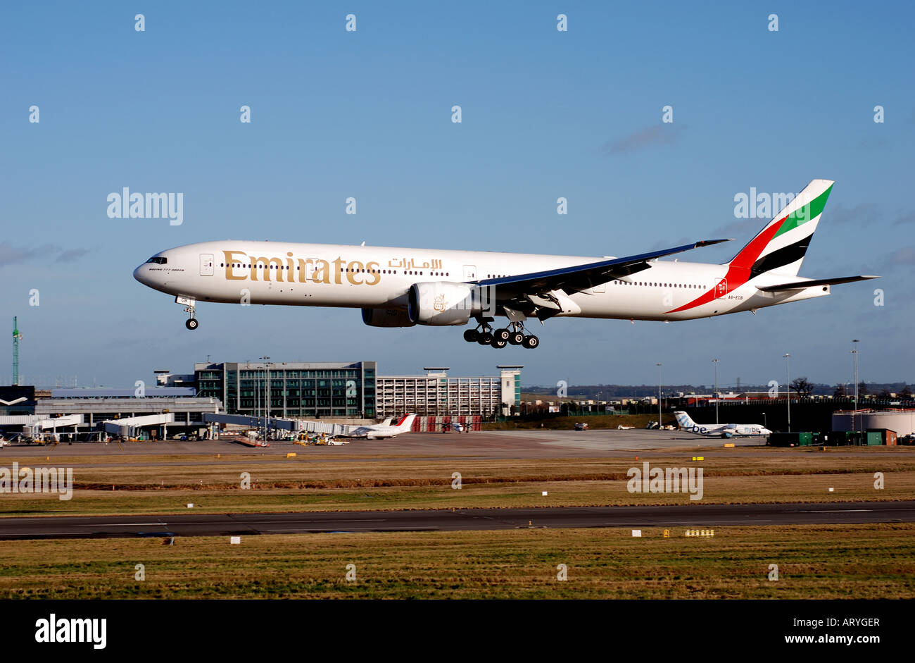 Emirates Airlines Boeing 777 aircraft landing at Birmingham