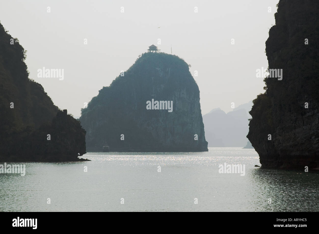 Pagode on top of a hill Halong Bay Vietnam Stock Photo