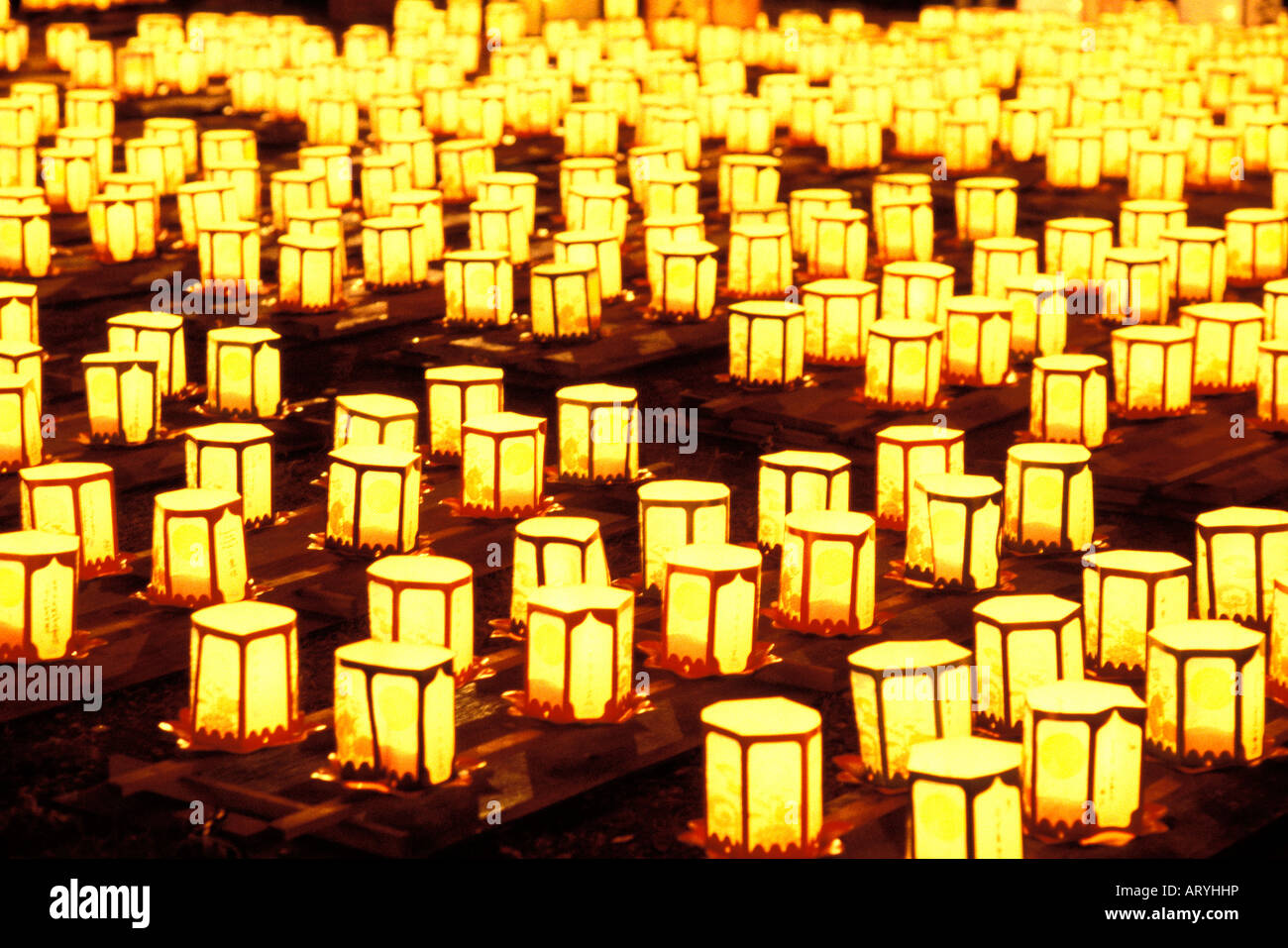 Lanterns lit in preparation for annual Obon Festival (Festival of the Dead) where lanterns are set afloat on Ala Wai Canal Stock Photo