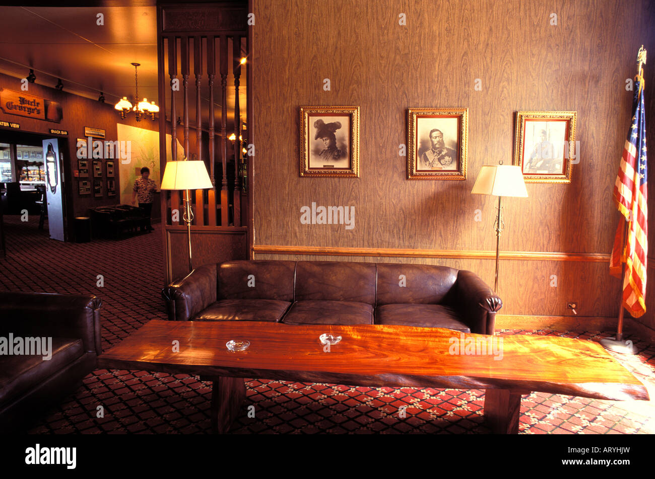 Interior of Volcano House, an historic hotel located on the edge of Kilauea Crater, Hawaii Volcanoes National Park Stock Photo