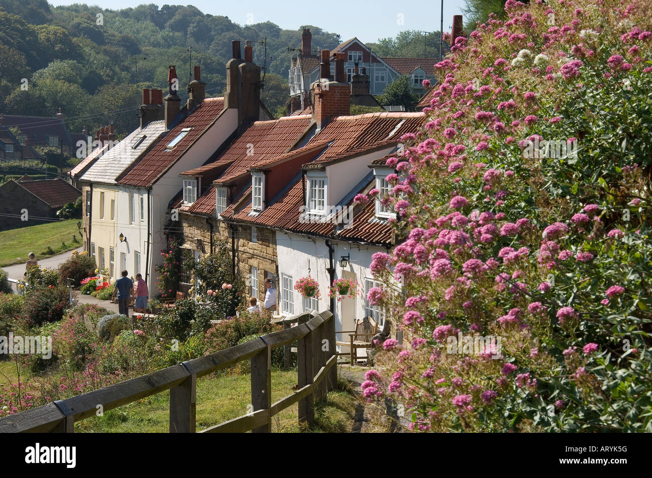Fishermens holiday cottages in summer Sandsend village near Whitby