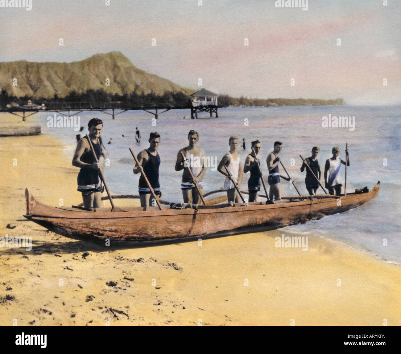 Outrigger canoe club, handtinted archive photo, taken off the old Moana