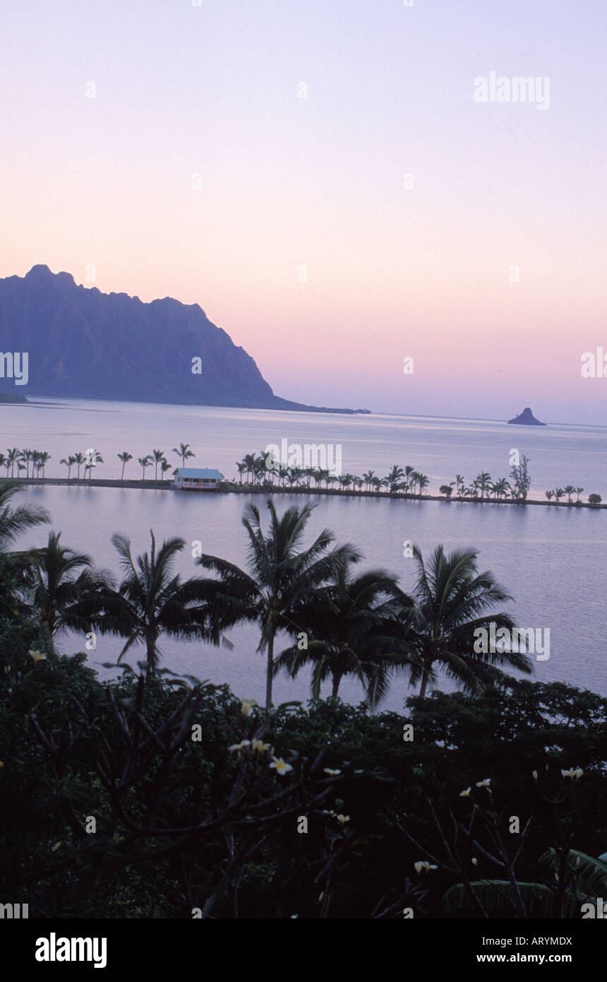 Kaneohe Bay and fishpond at sunrise with Mokoli'i Island (previously known as the outdated term