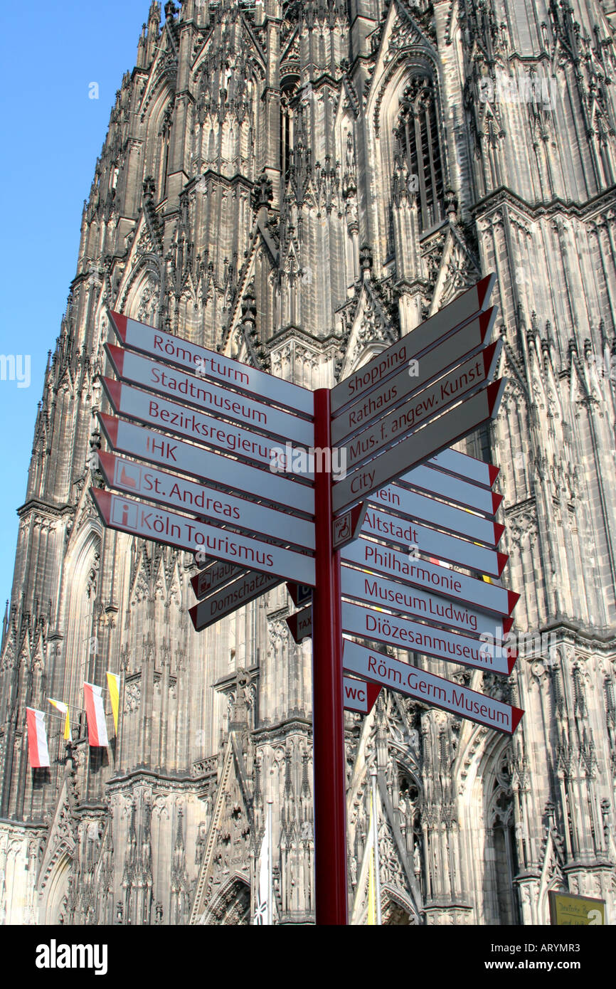 Cologne Cathedral and tourist signs North Rhine Westphalia Germany Stock Photo