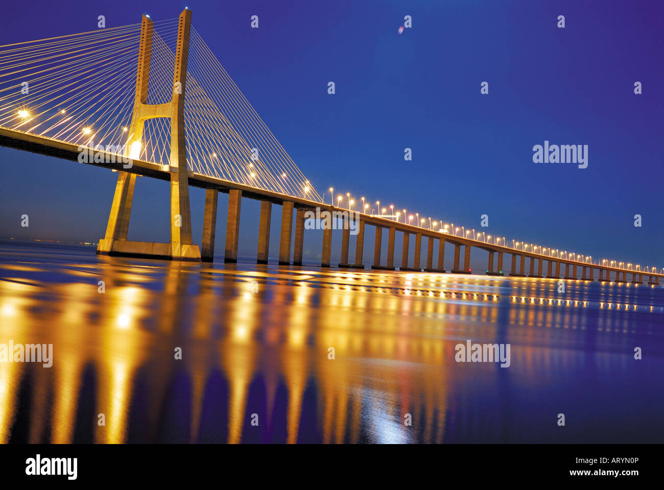 Vasco da Gama bridge by night, Lisbon, Portugal Stock Photo