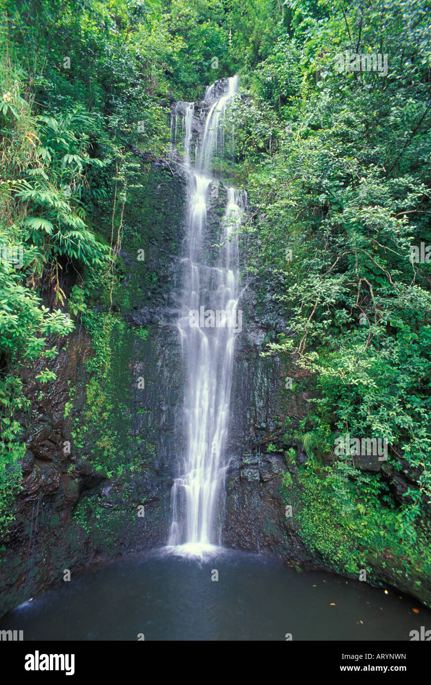 Waterfall in Haleakala National Park at Kipahulu or otherwise known as "Seven Sacred Pools" or 'Ohe'o Gulch. Stock Photo