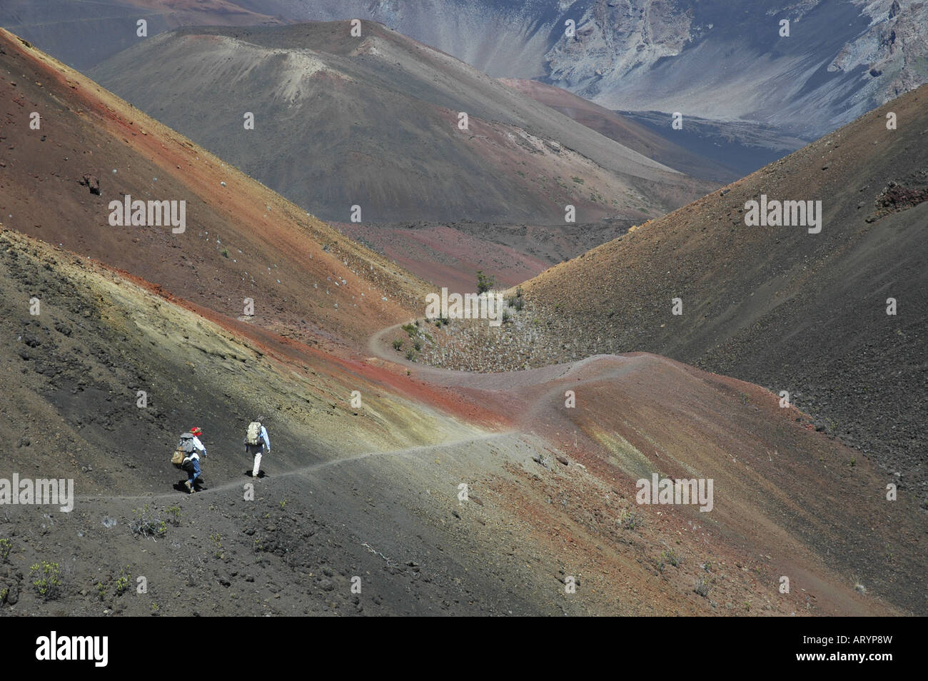 Hiking between colorful cinder cones on the Halemauu Trail Haleakala