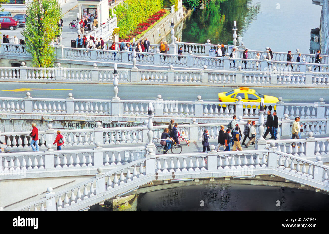 Birds eye view of the Tromostovje bridge in Ljubljana, Slovenia Stock Photo
