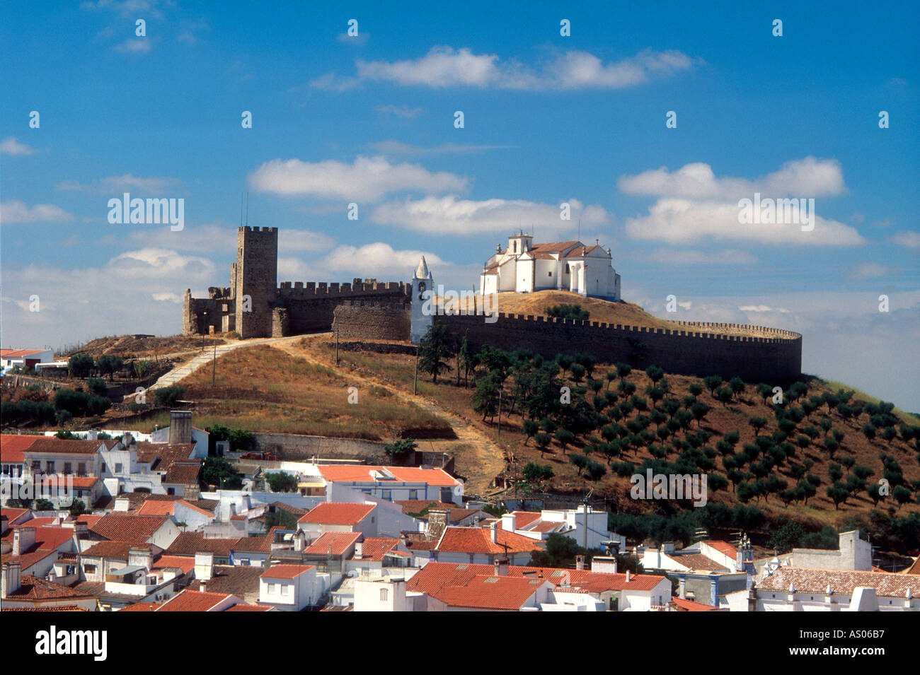 Portugal Arraiolos typical Alentego Region Village with ruined castle and whitewashed village houses famous for tapestries Stock Photo
