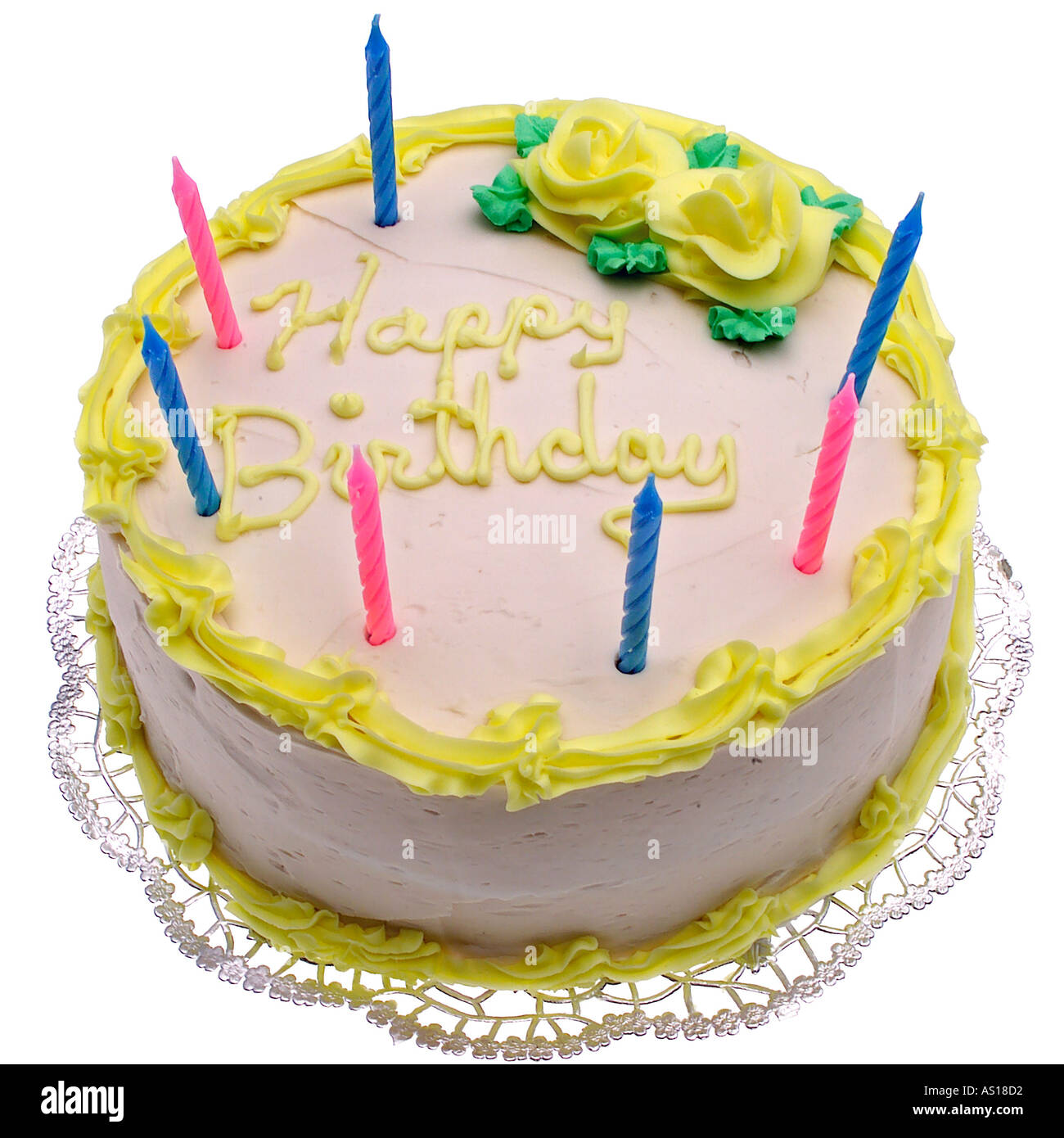 Birthday cake with candles silhouetted on white background Stock Photo ...