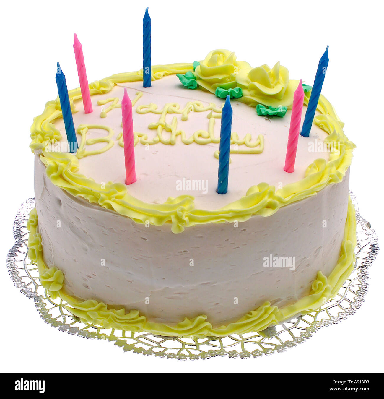 Birthday cake with candles silhouetted on white background Stock Photo ...
