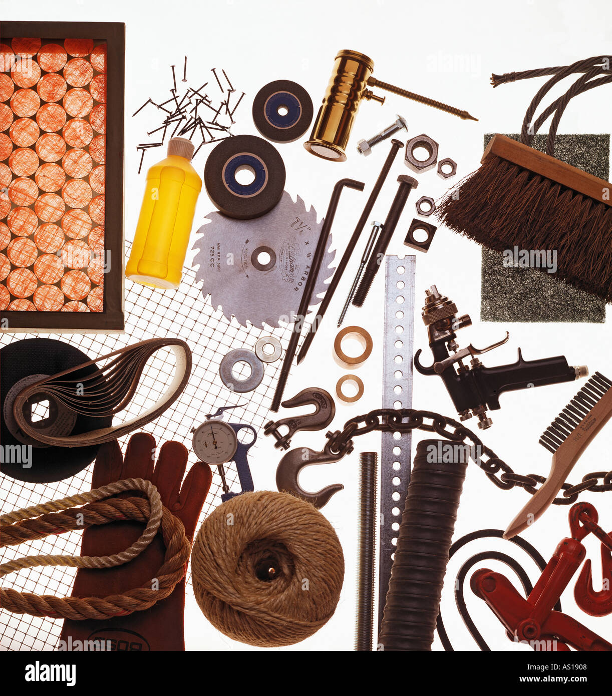 Assorted household tools silhouetted on white background Stock Photo