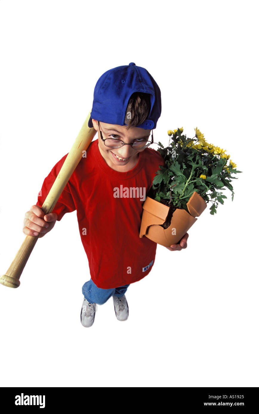Fisheye shot of nerdy boy With baseball bat And broken flowerpot On a white background Stock Photo