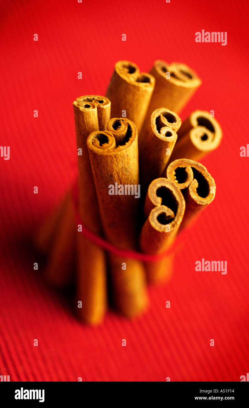 Cinnamon sticks on red background Stock Photo