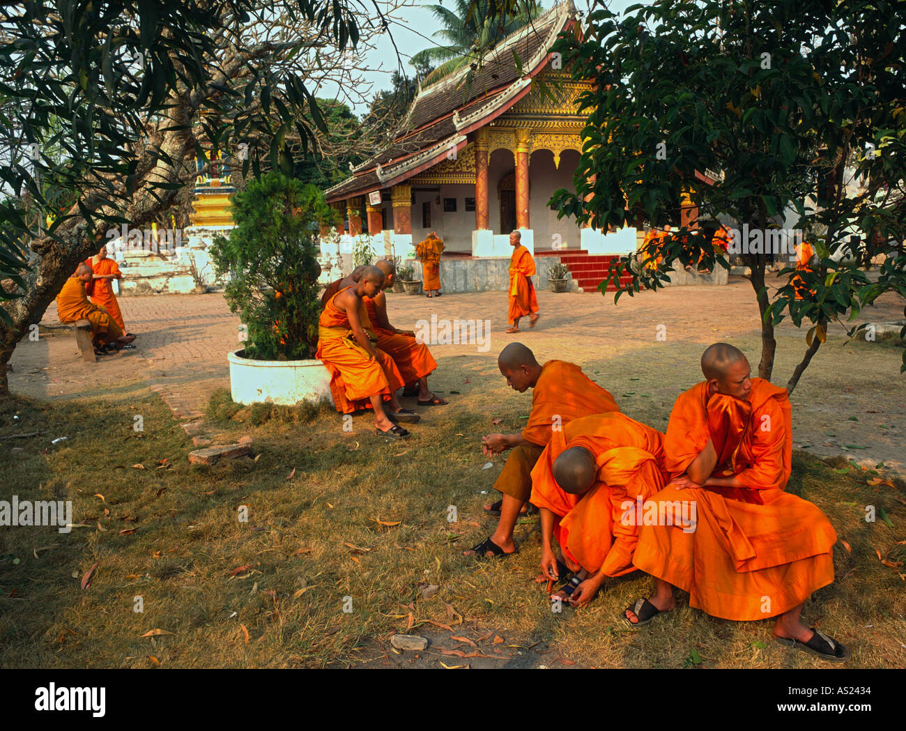 Laos Luang Prabang Temple wat Saen young monks seating in courtyard with temple in bkgd Stock Photo