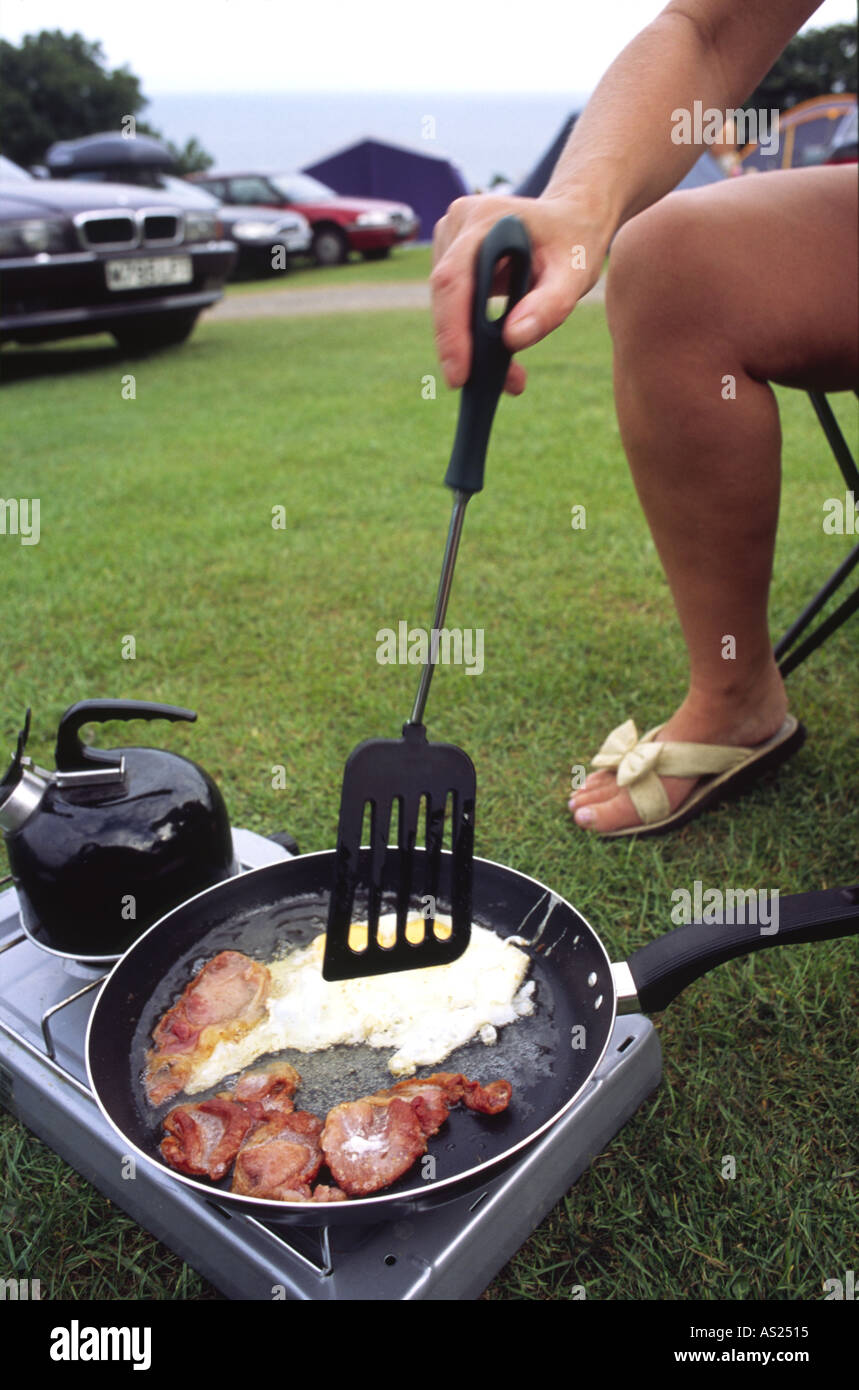 Bacon and Eggs for Breakfast Camping Stock Photo