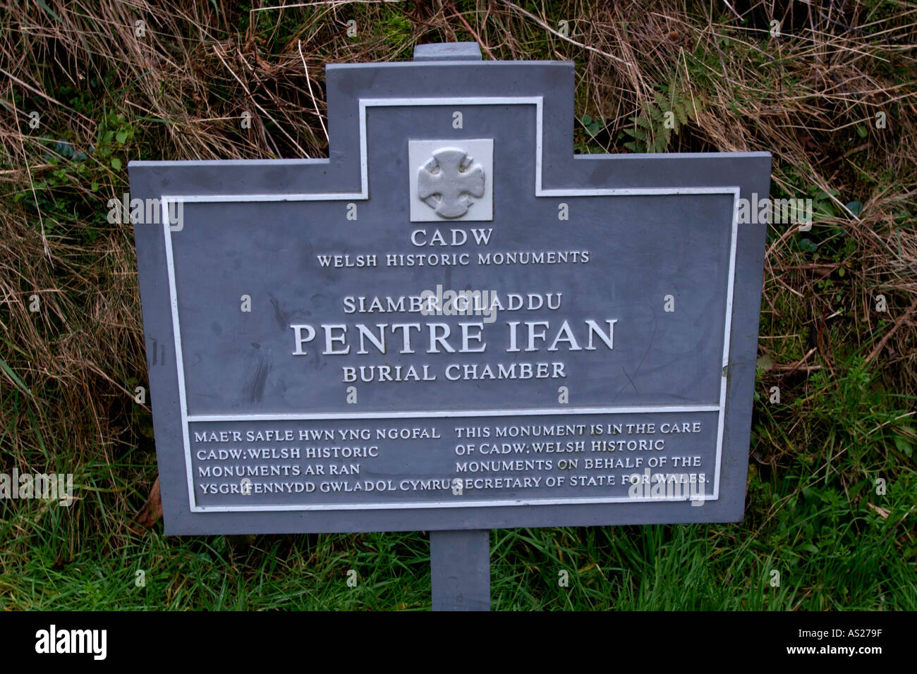 CADW sign near the pathway to the Pentre Ifan burial chamber Pembrokeshire Wales UK Stock Photo