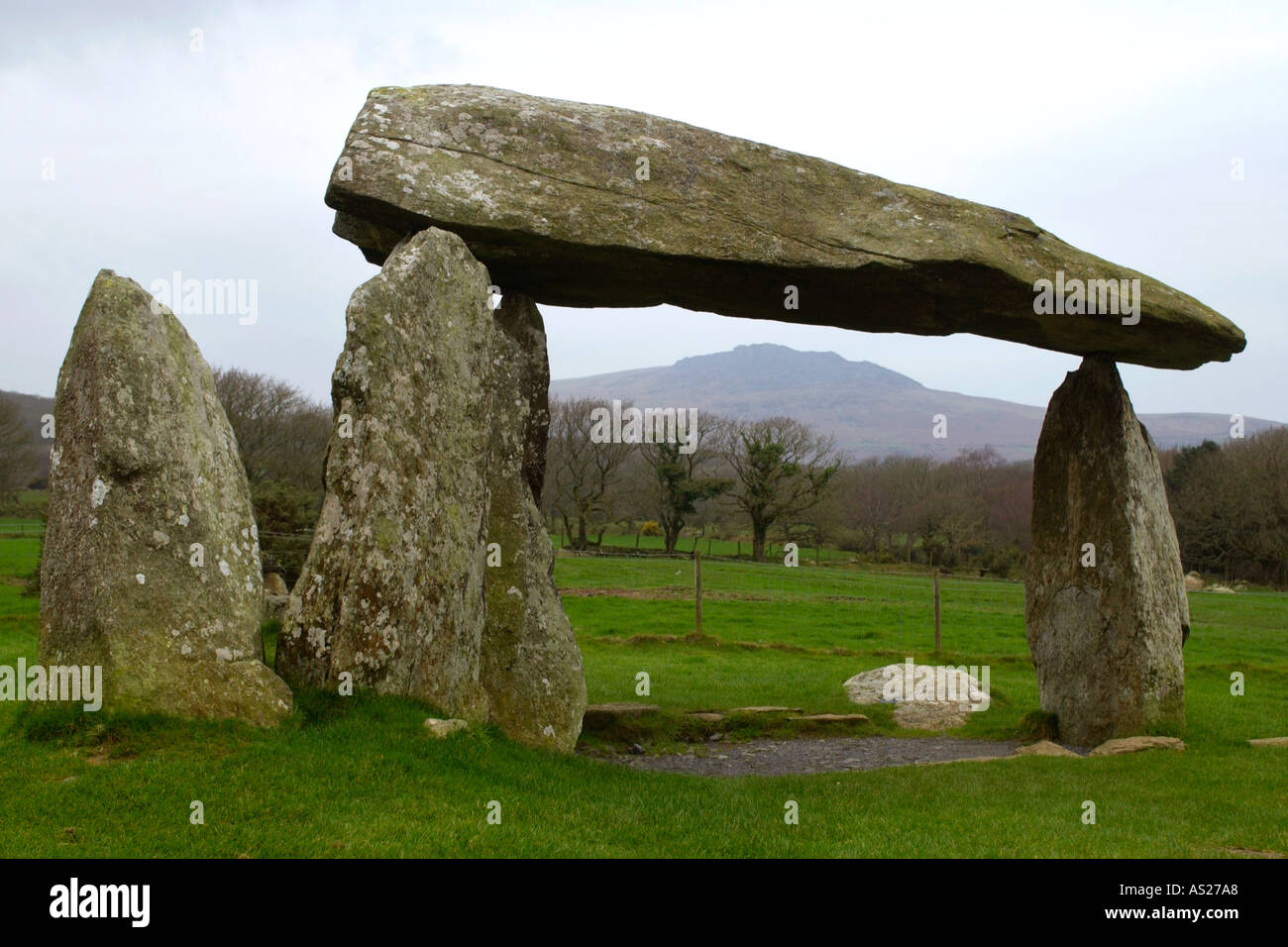 Pentre Ifan burial chamber near Newport Pembrokeshire Wales UK with Carningli in the distance Stock Photo