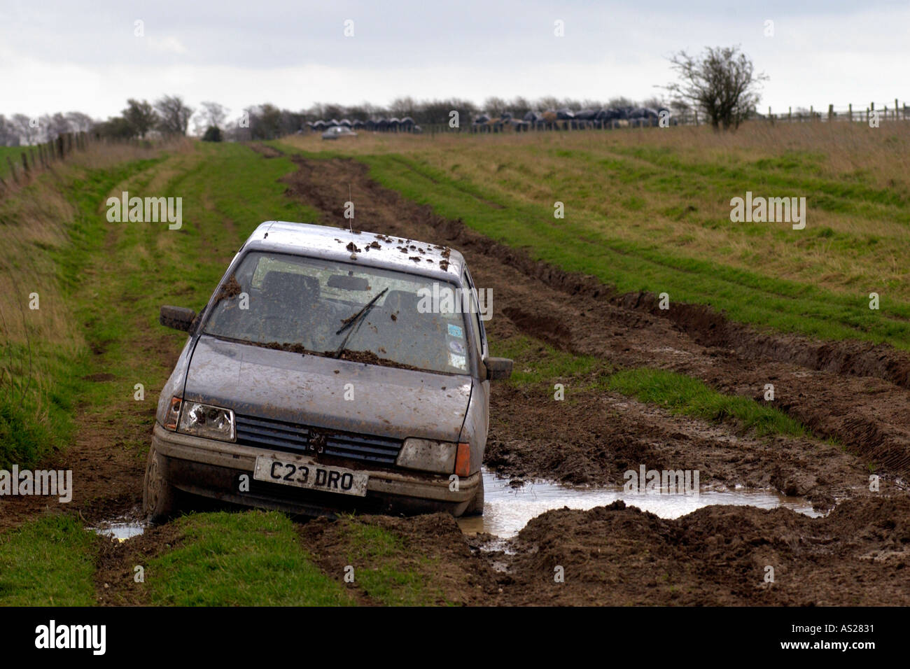 Car stuck in mud and abandoned on The Ridgeway National Trail byway in Berkshire England UK Stock Photo