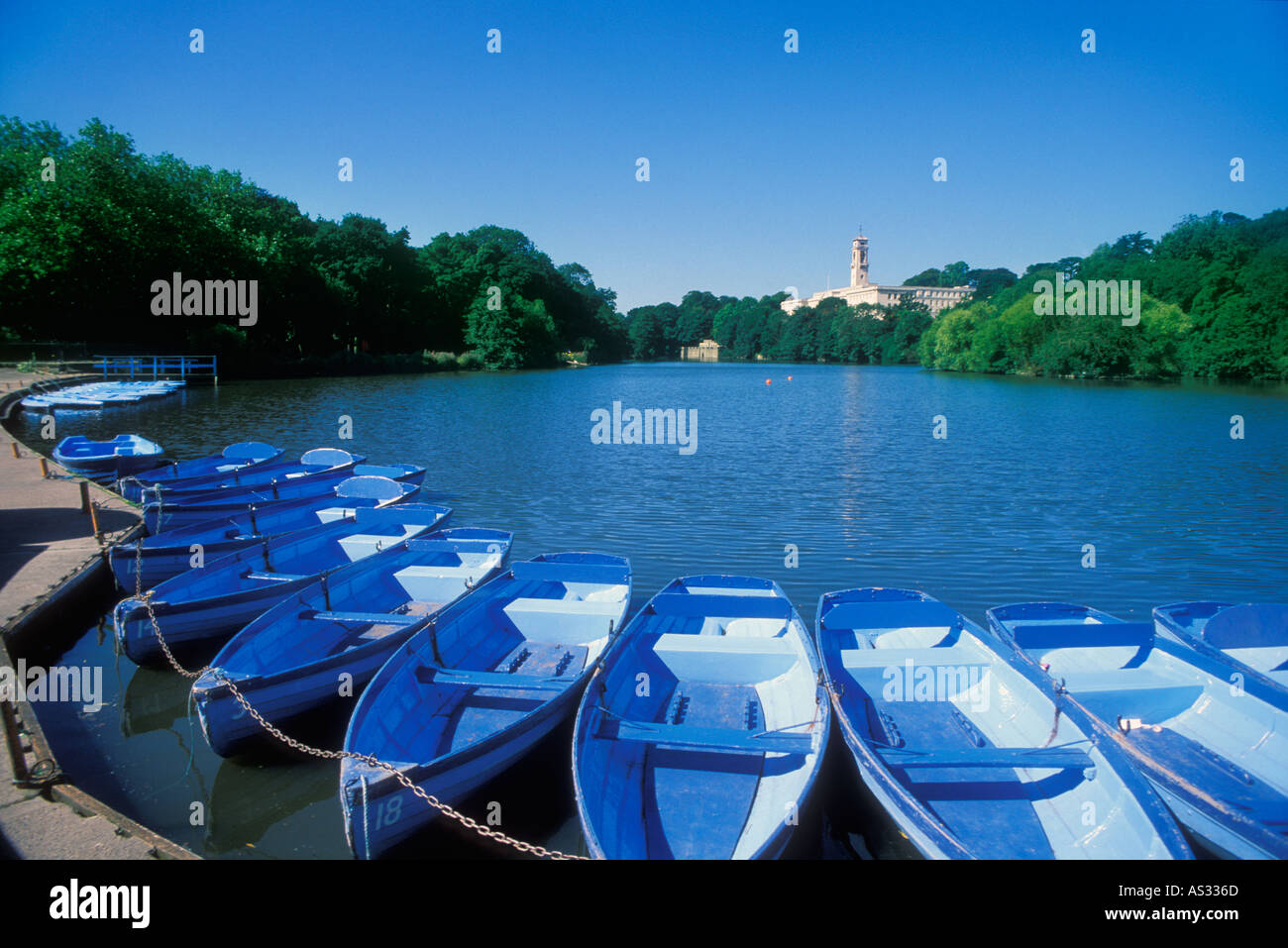 Blue rowing boats on the lake at the university campus Nottingham