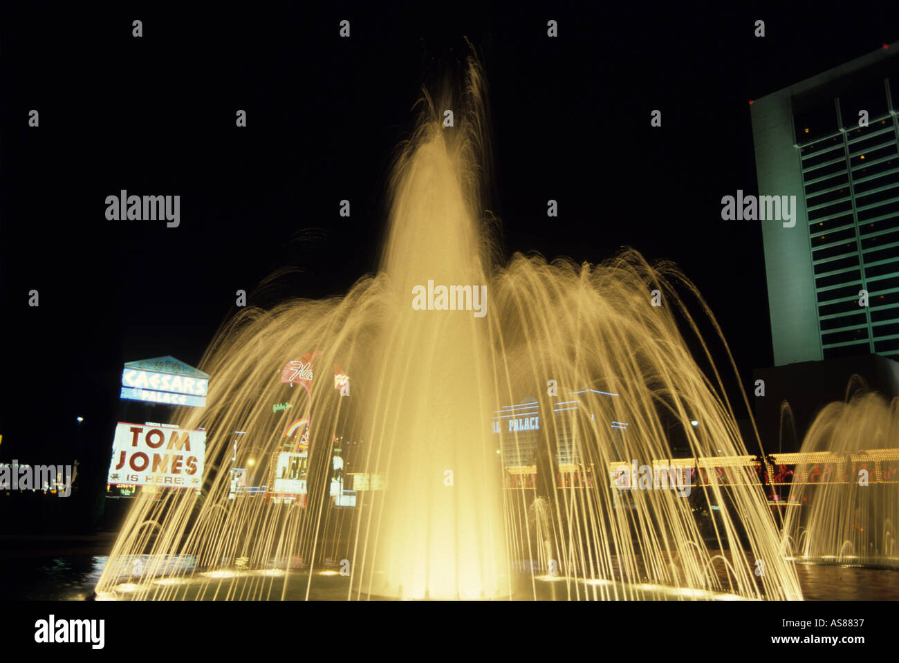 Water fountains outside Caesars Palace at night, Las Vegas, Nevada, USA. Stock Photo