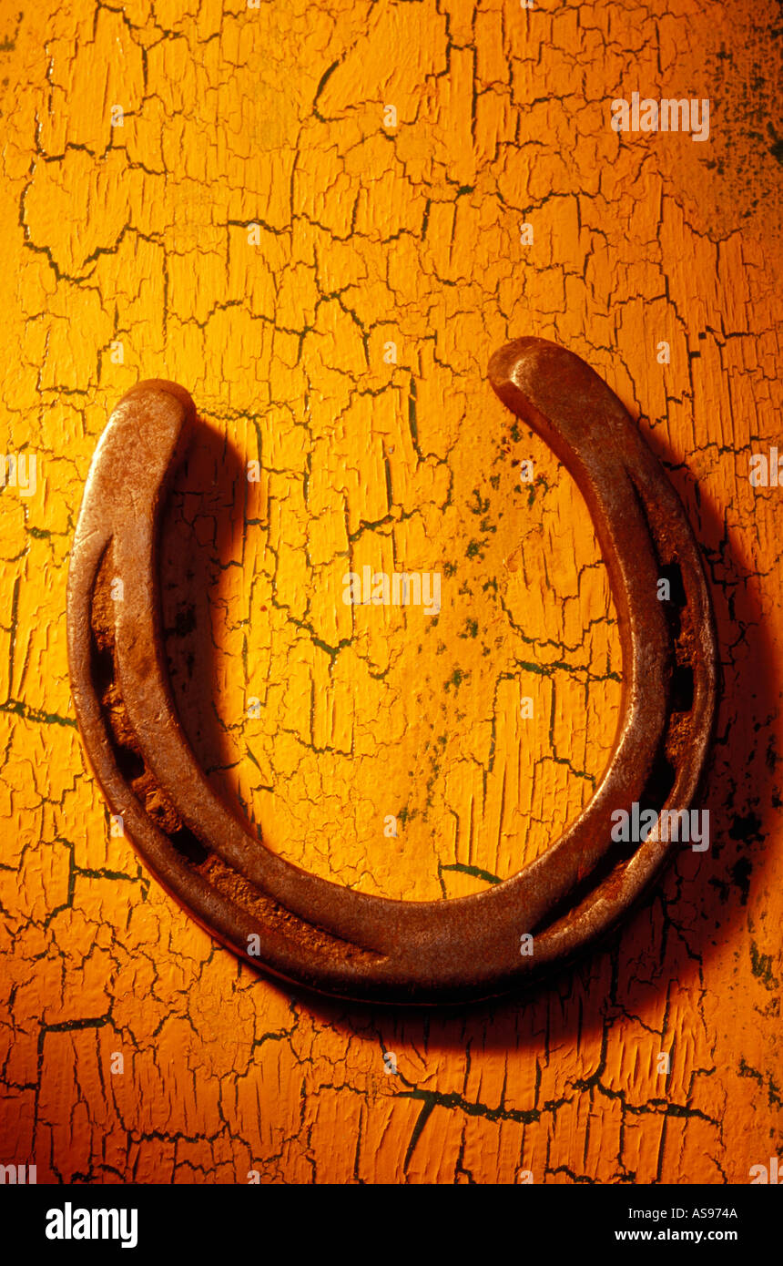 Old horse shoe on cracked background Stock Photo Alamy