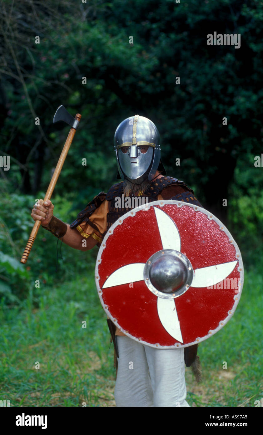 male norse warriors recreation society clothes costume shield dress age old ancient Stock Photo