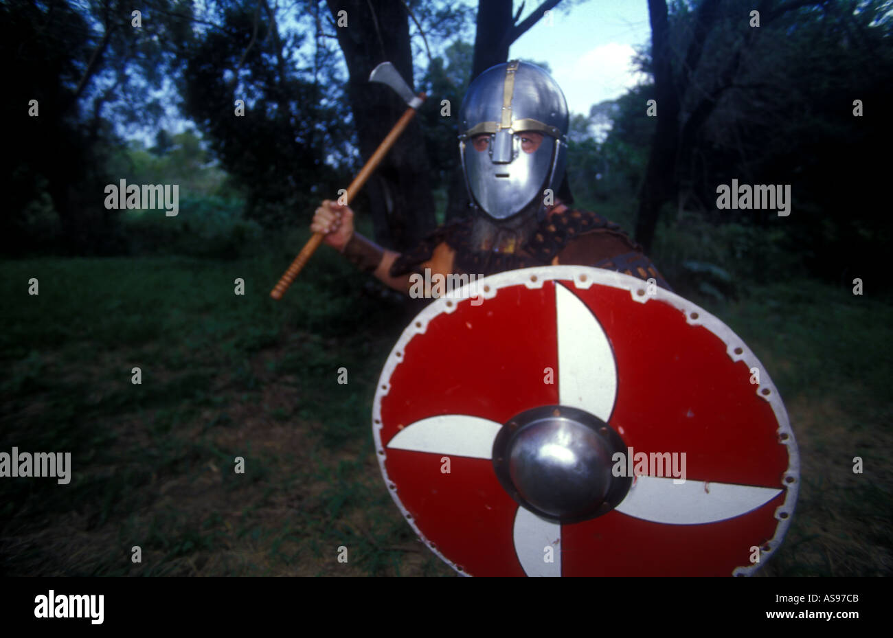 male Norse warriors recreation society clothes costume shield dress age old ancient berserker Stock Photo