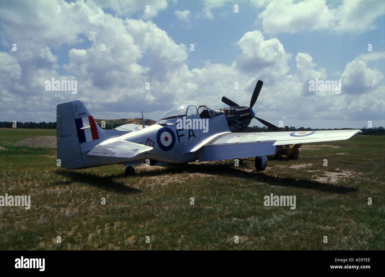 P51 Mustang being repaired at Caboolture Airfield Queensland Australia Merlin V12 motor RAAF Royal Australian Air Force marking Stock Photo