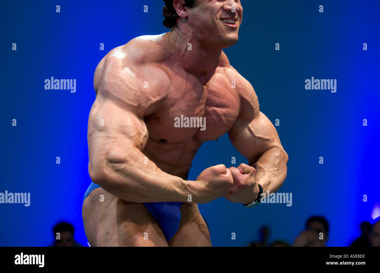 adult caucasian male bodybuilder flexes his biceps and chest for  competition Stock Photo - Alamy