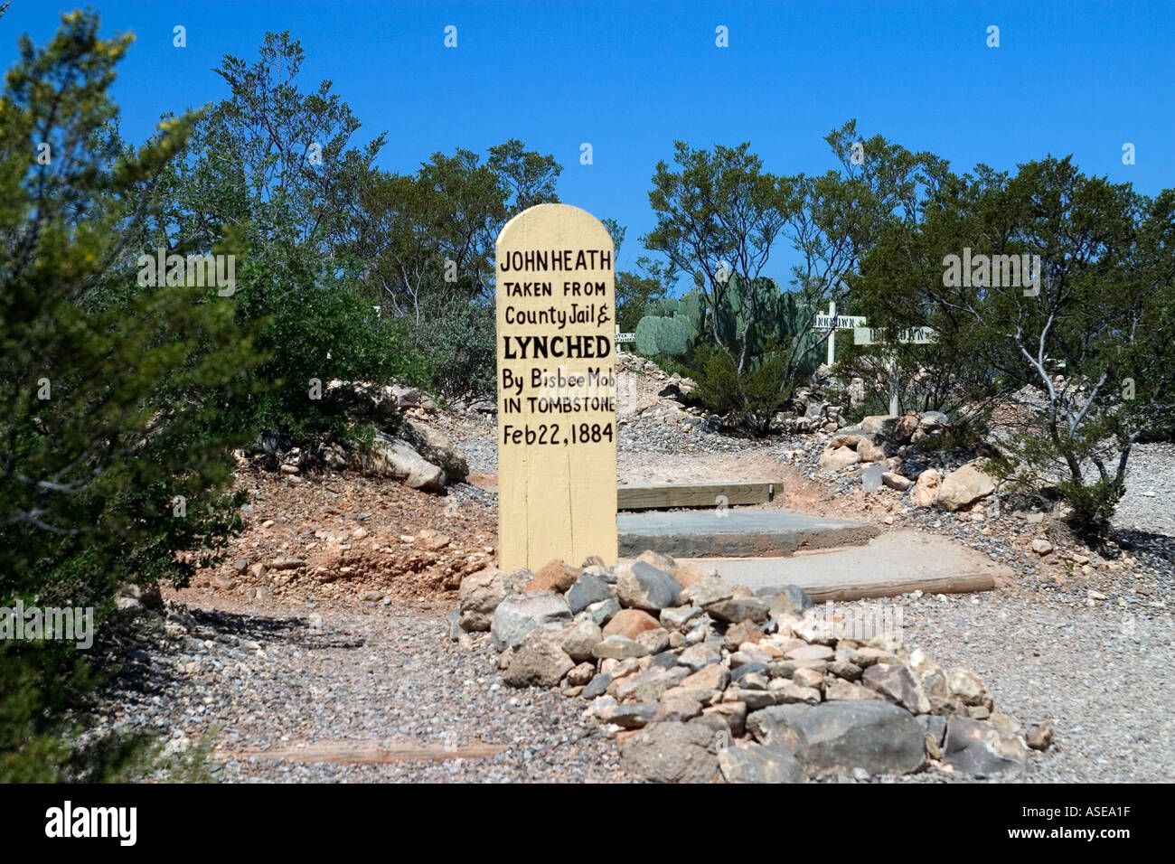 The Grave of John Heath who was  lynched by a Bisbee Mob in 1884 Boot Hill Cemetery Tombstone Arizona USA Stock Photo