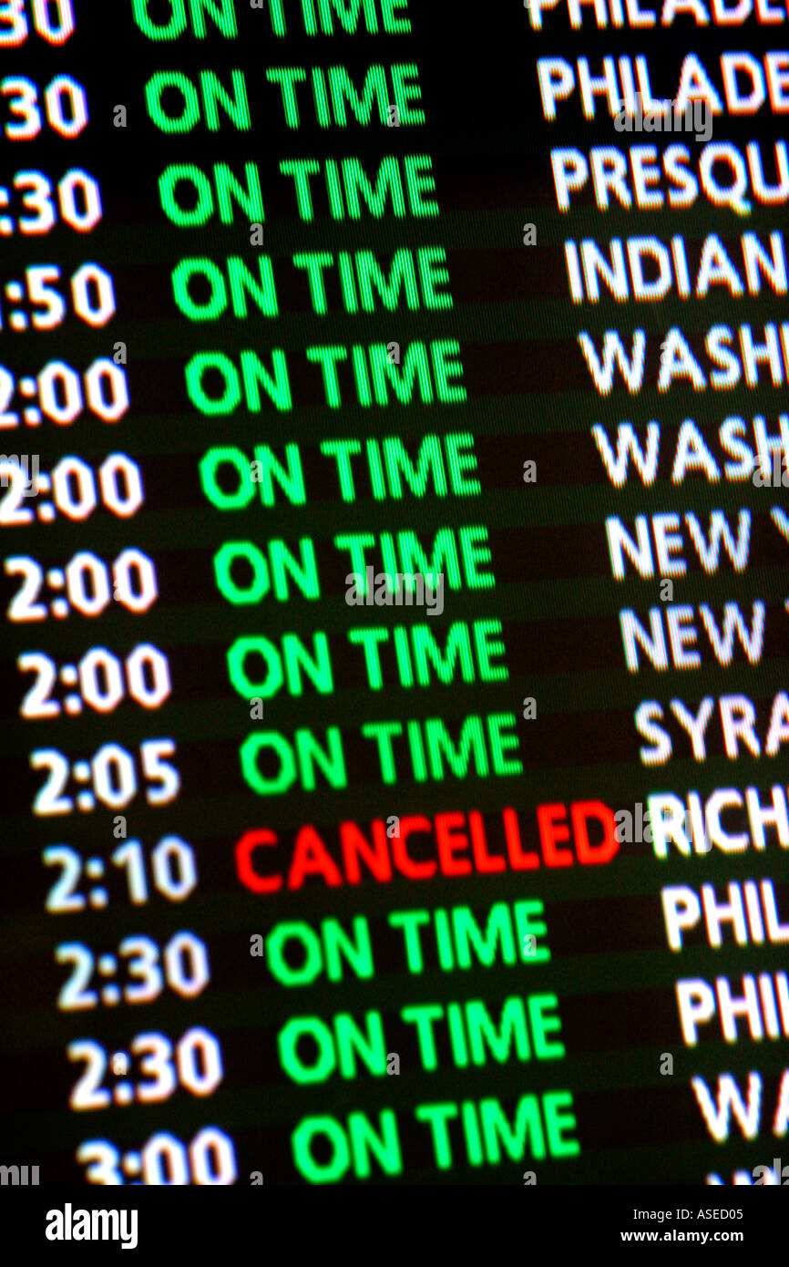 Cancelled Flight on Airport Monitor Stock Photo