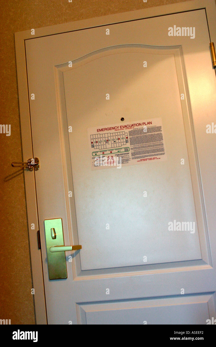 Emergency Evacuation Plan on Hotel Room Door Stock Photo