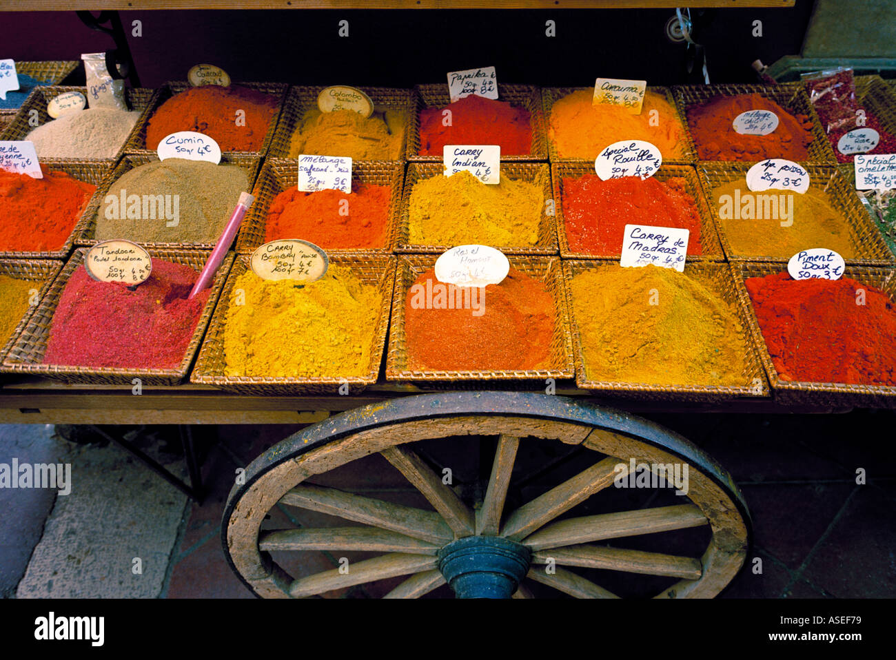 Nice Cote d'Azur France - Curry powders and other herbs and colourful spices on sale in the old town Stock Photo
