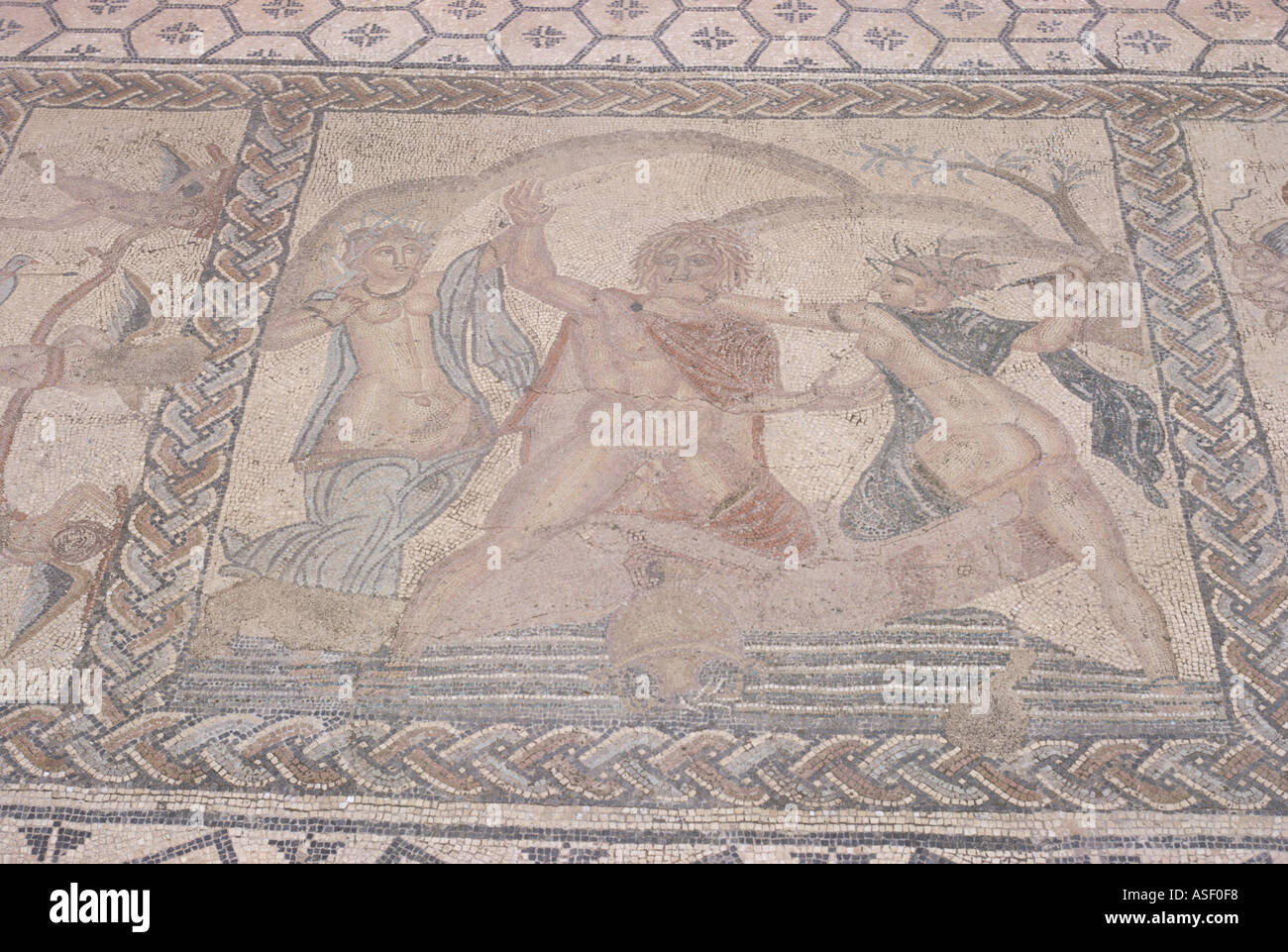 Roman mosaic Volubilis Morocco Abduction of Hylas by nymphs Volubilis is known to the Arabs as Oulili Walila or walili Stock Photo