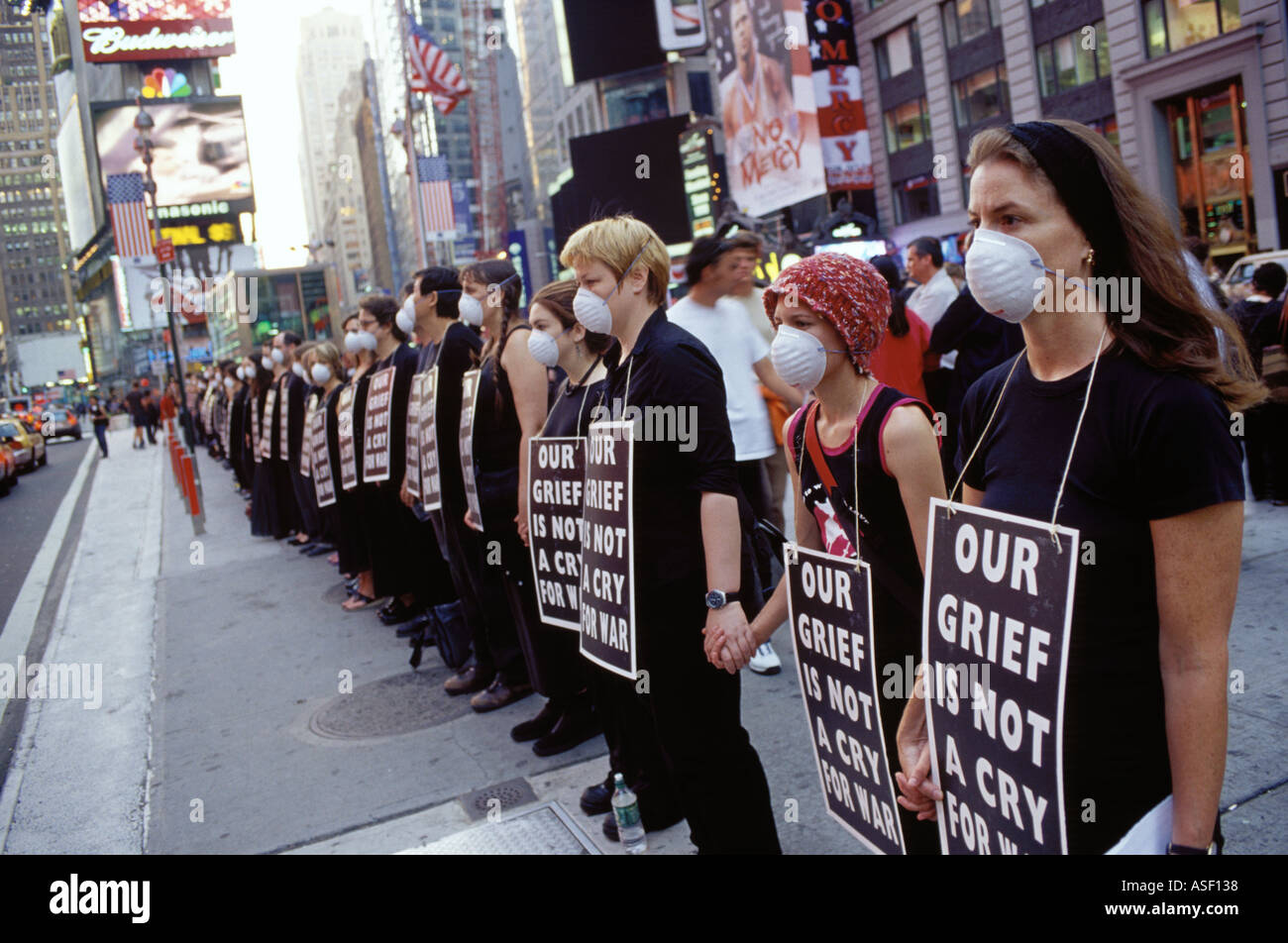 Our grief is not a cry for war. Anti war demonstration in Times Square New York City in the aftermath of the September 11 terrorist attacks of 2001 Stock Photo