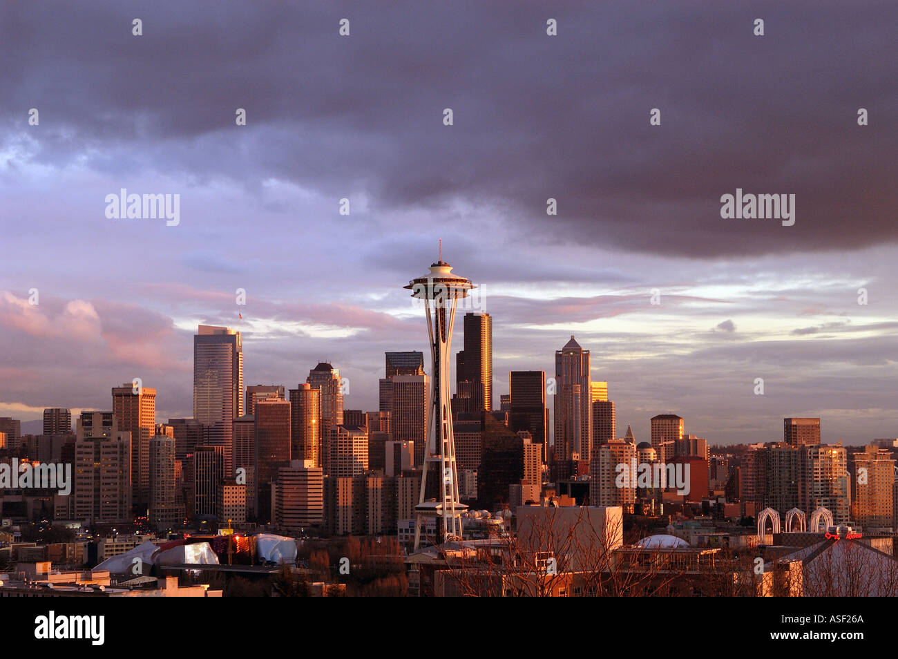 Sunset over Space Needle in Seattle Washington State USA Stock Photo