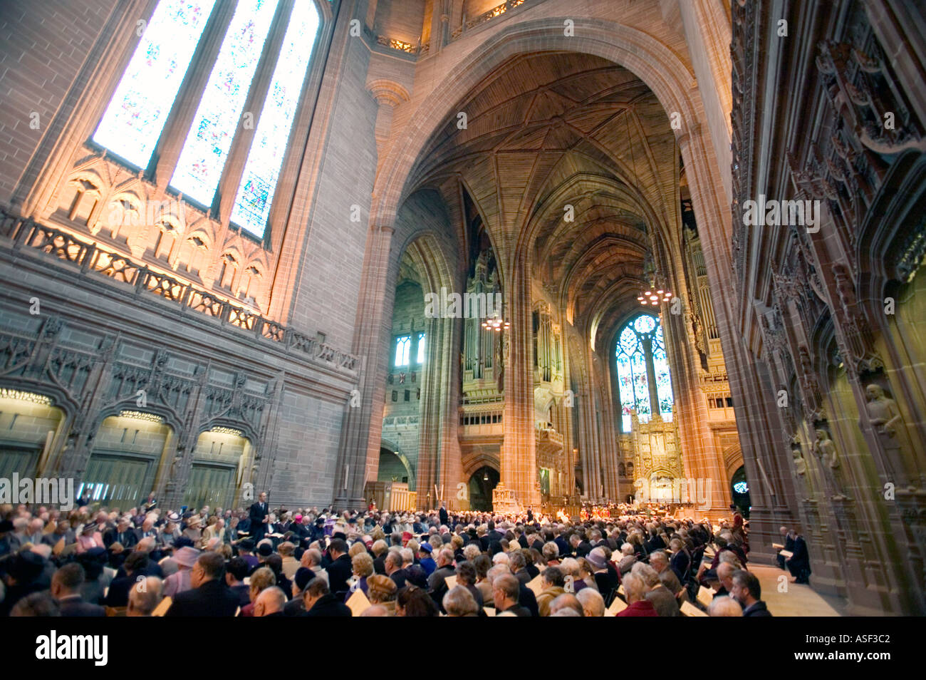 The Anglican cathedral in Liverpool in the UK holds a Maundy service attended by the Queen on 8 April 2004 Stock Photo