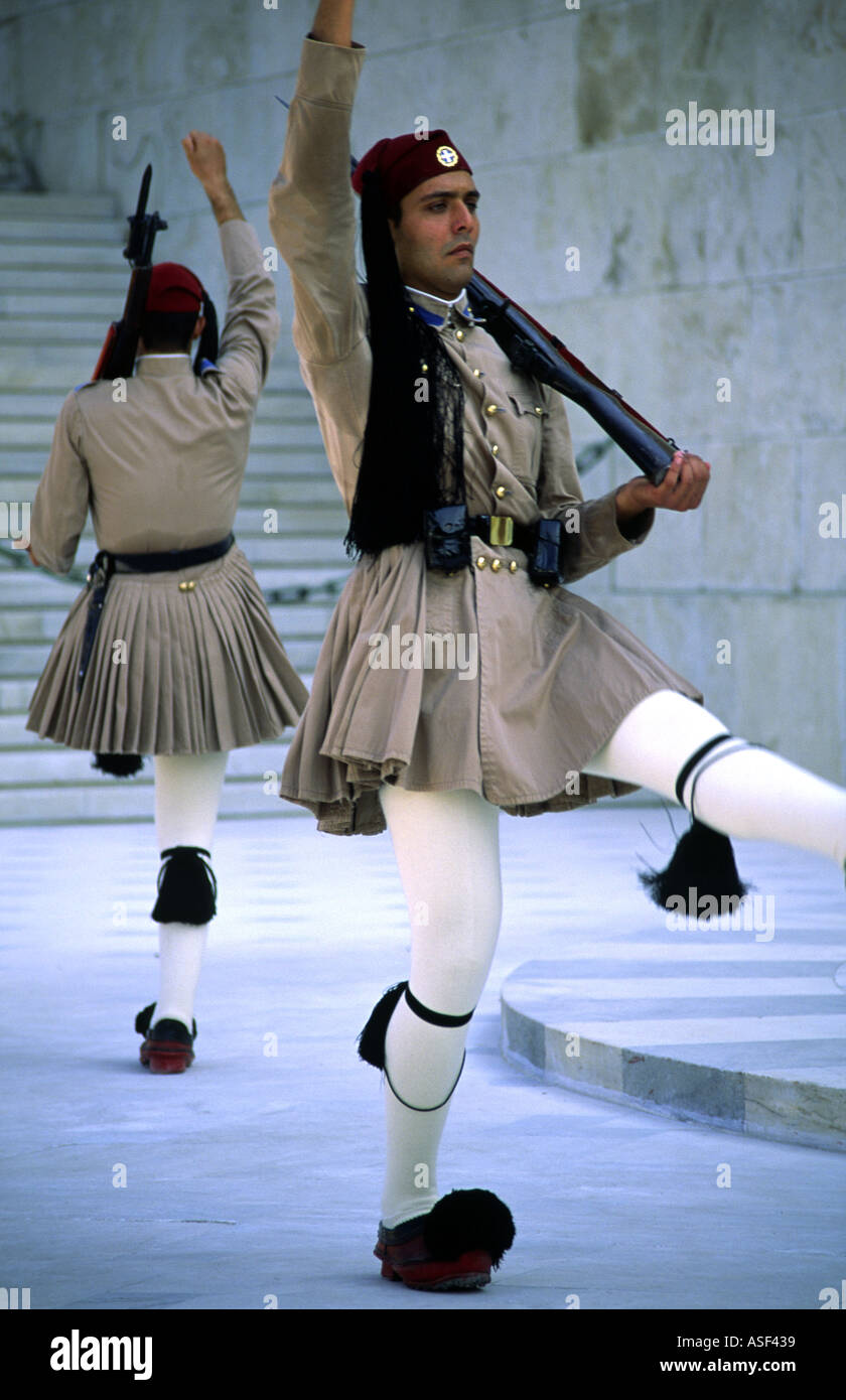 ceremonial guards evzones patrol the tomb of the uknown warrior in athens greece Stock Photo