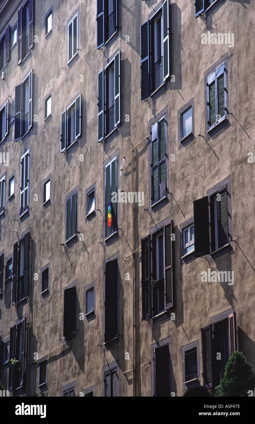 Rainbow peace flag hanging from window of Trastevere appartment Rome