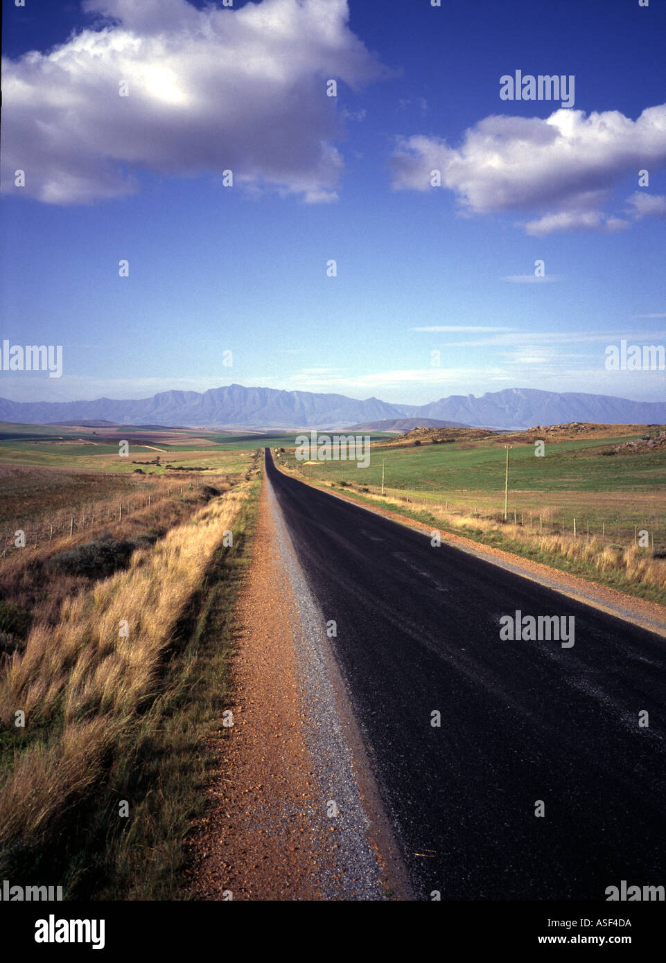 Western Cape South Africa RSA Straight Road Heading to the Riviersonderend Mountains in the Overberg Stock Photo