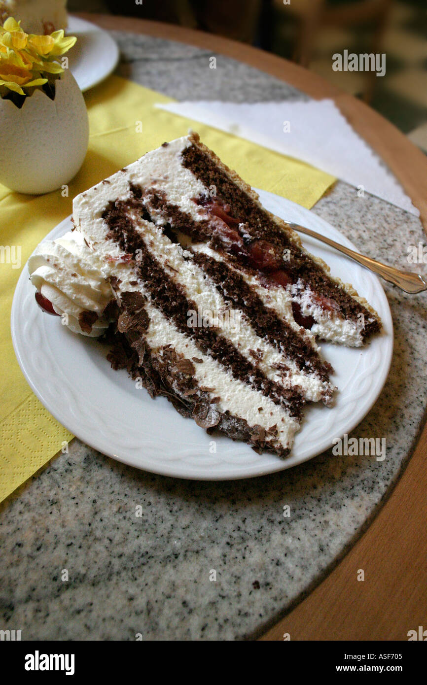 Piece Of Cake Black Forest Gateaux On Plate At A Cafe In Germany Stock Photo Alamy