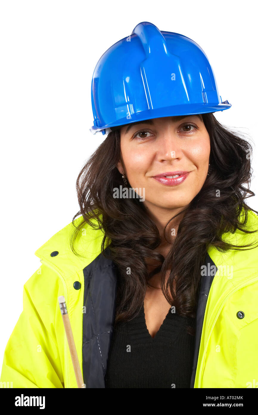 Female construction worker portrait over a white background Stock Photo ...