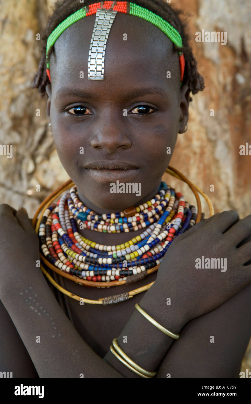 Teenage Girl of the Dhasanech Tribe, Omo River Valley Delta, Ethiopia Stock Photo
