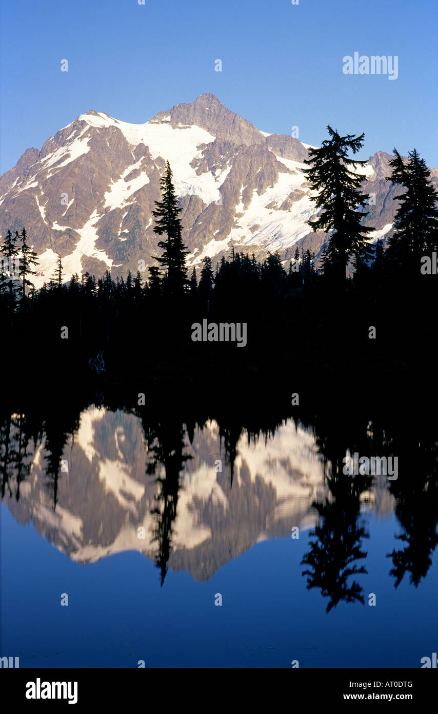 The reflection of Mount Shuksan in Picture Lake in the Cascade Mountains in North Cascades National Park, Washington. Stock Photo