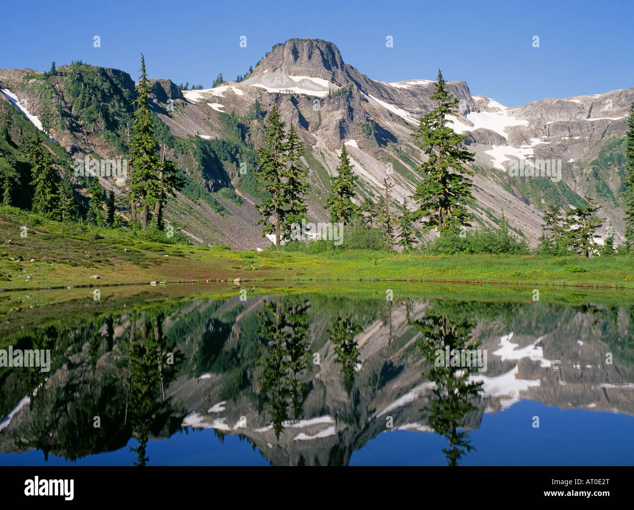 The reflection of the Cascade Mountains in Picture lake in North Cascades National Park, Washington. Stock Photo