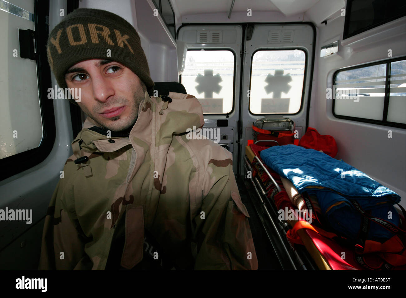 Ambulance with an injured boy. Stock Photo