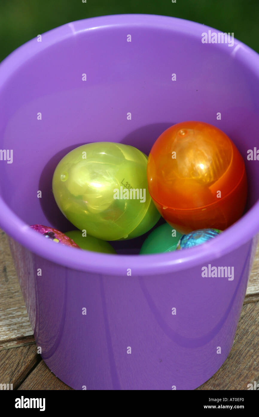 Easter eggs collected in bucket Stock Photo